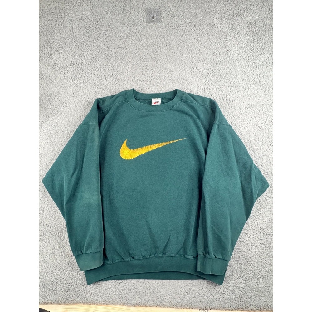 Vintage Nike Sweatshirt Men's Large Green Big Swoosh Embroidered Ribbed Hem